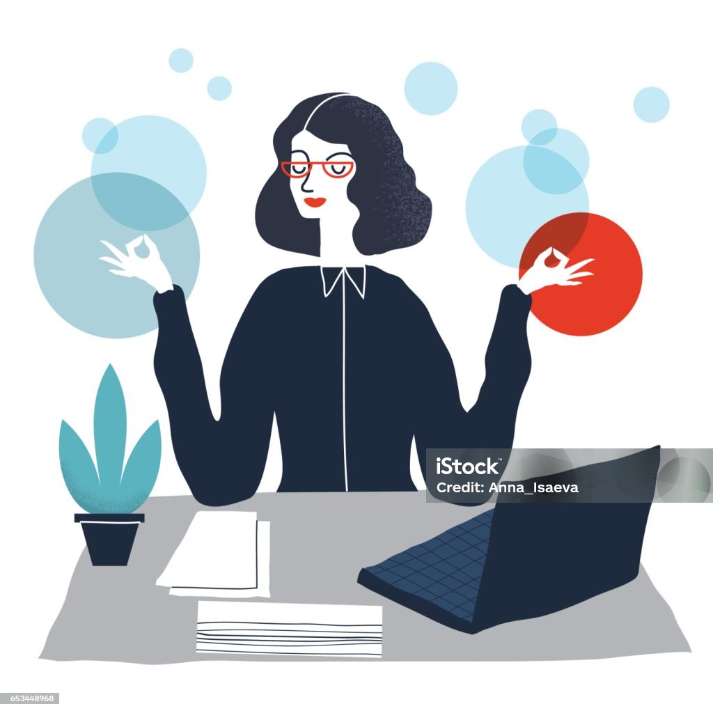 office worker Business woman meditating.Woman in yoga pose. Meditation woman in office. Vector modern creative illustration. Organization stock vector