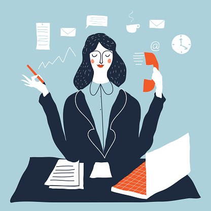 Woman financial accountant. Secretary vector illustration. Young businesswoman multi-tasking. Creative modern vector illustration.