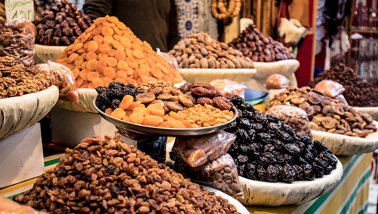 Close shot of a nuts in a store in the streets of Fez, Morocco.