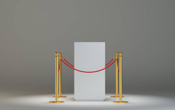 istock Glass showcase for exhibit with fence and rope 653456446