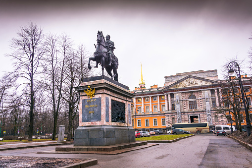 The monument to Peter the great from the great-grandson of Paul in front of Mikhailovsky castle, St. Petersburg, Russia.