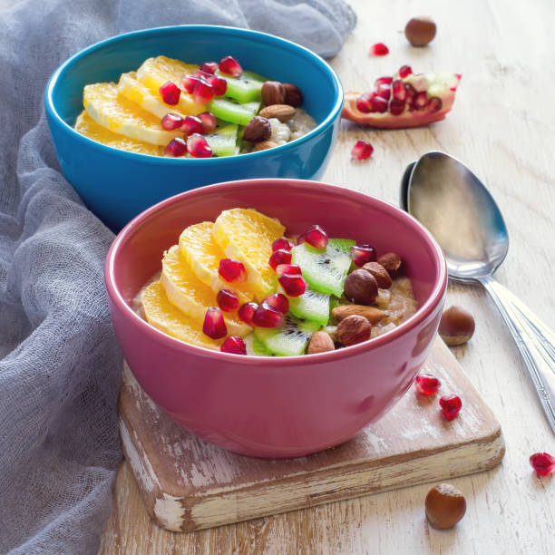 istock Oatmeal with fruit and nuts for a healthy breakfast 653460454