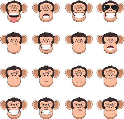 Vector illustration, funny chimpanzee smiling, set of monkey heads, different emotions, smileys, on a white background