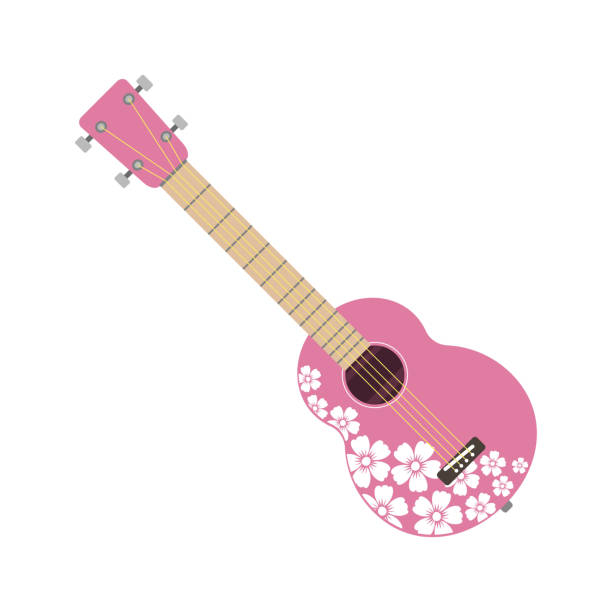 Pink ukulele isolated fine performance stringed folk guitar music art instrument and concert musical orchestra string fiddle hawaiian vector illustration Pink ukulele isolated on white fine performance stringed folk guitar music art instrument and concert musical orchestra string fiddle hawaiian vector illustration. Fretboard entertainment tool. pink guitar stock illustrations