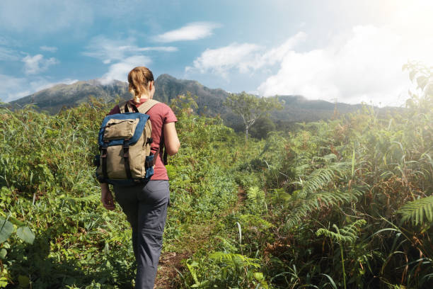 istock Hiker woman with backpack walking on a valley trail in the mountains 653468846