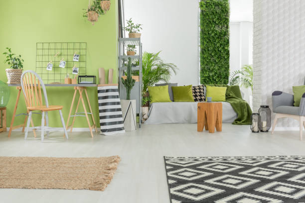 istock Bright apartment in green and white 653477582