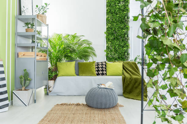 Botanical living room Botanical living room with grey sofa, green pillows and bookcase walled garden stock pictures, royalty-free photos & images