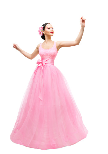 Fashion Model in Ball Dress, Woman in Long Pink Gown, Young Asian Girl Isolated over White Background