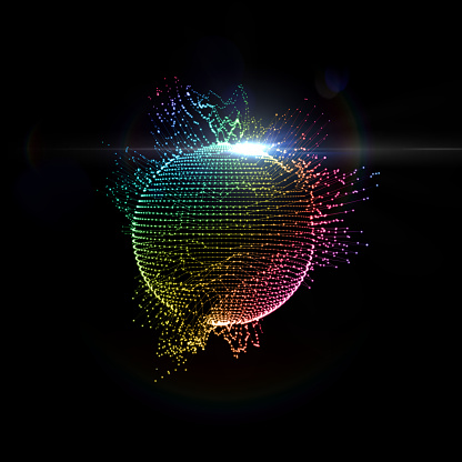 3D illuminated distorted sphere of iridescent glowing particles, wireframe and flare lens light effect. Futuristic vector illustration. Technology digital splash or explosion concept