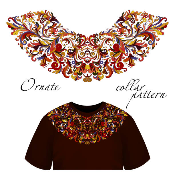 Vector design for collar t-shirts and blouses. Colorful ethnic flowers neck line. Embroidery for Fashion. Hot eastern colors.