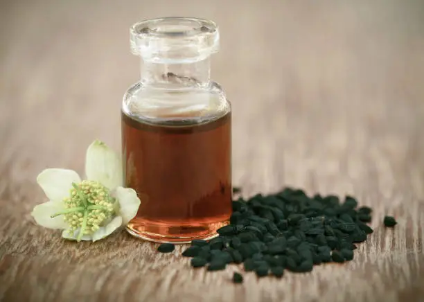 Nigella flower with seeds and essential oil in a glass bottle