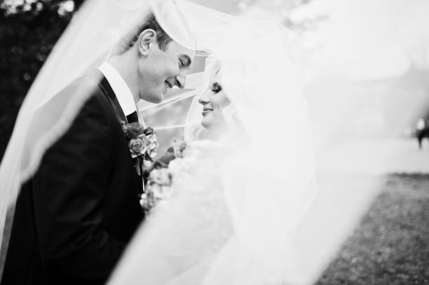 istock Amazing wedding couple under veil in love 653498768