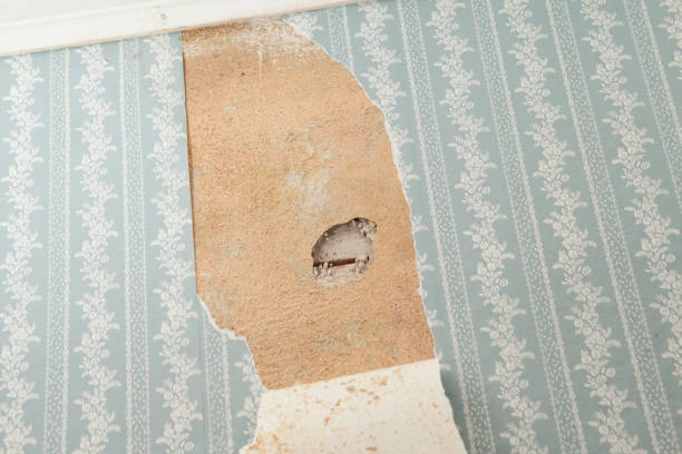 A hole was punched into a house wall for inspection of asbestos contamination.