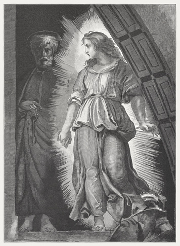 Deliverance of Saint Peter by an angel. Wood engraving after a fresco (1514, detail) by Raphael (Italian painter, 1483 - 1520) in the Stanza della Segnatura, Apostolic Palace, Vatican, published in 1884.