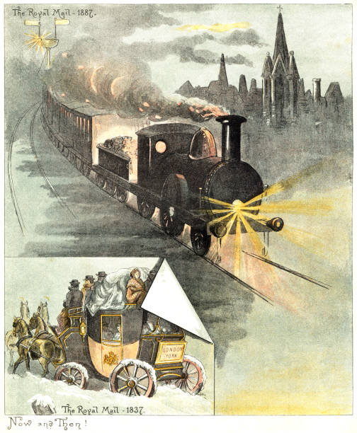 transport royal mail w 1837 i 1887 roku - locomotive train night vertical stock illustrations