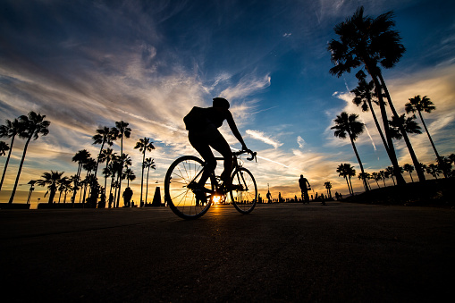 Silhouettes of bicycle rider and various objects are visible on Santa Monica Beach at sunset.