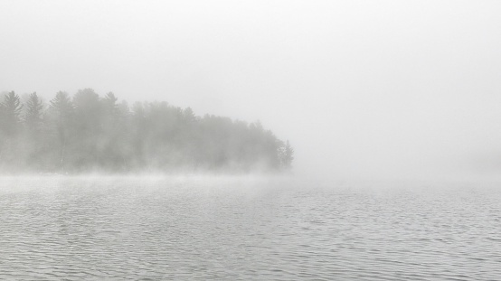 Saranac Lake Foggy Morning, Tree Covered Island Shore, NY