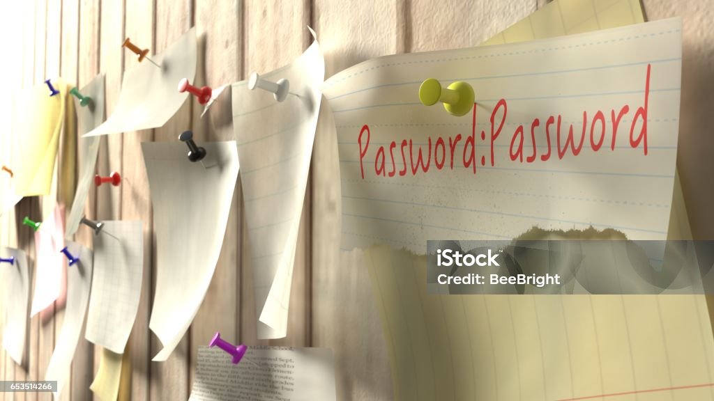 Note with password on a wooden kitchen wall Note with password on a wooden kitchen wall with pins cybersecurity 3D illustration Password Stock Photo