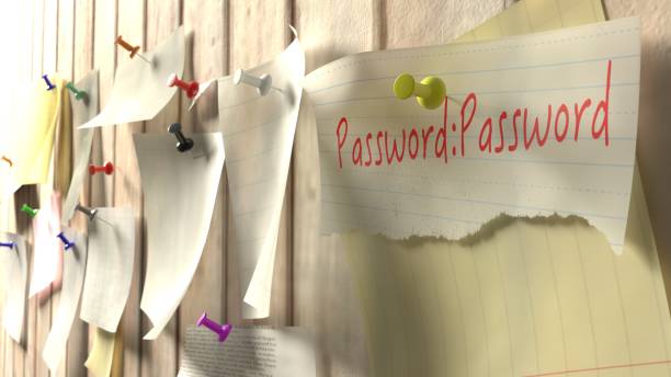 Note with password on a wooden kitchen wall stock photo