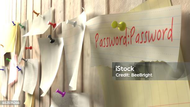 Note With Password On A Wooden Kitchen Wall Stock Photo - Download Image Now - Password, Computer Crime, Sharing
