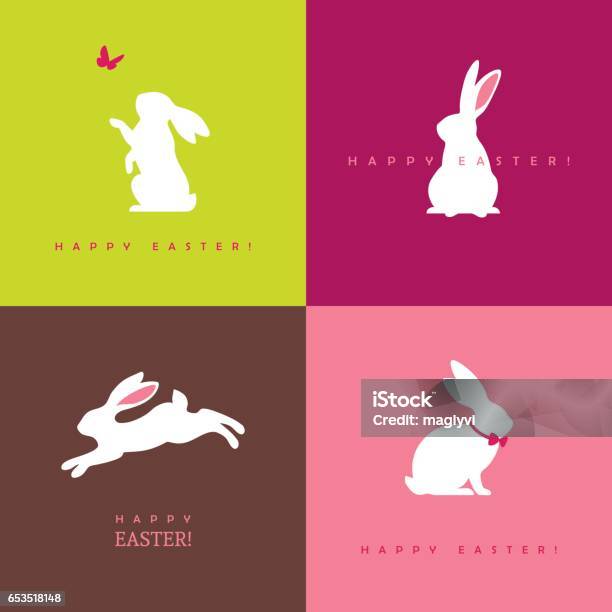 Vier Weiße Hase Silhouetten Stock Vektor Art und mehr Bilder von Kaninchen - Kaninchen, Ostern, Hochspringen