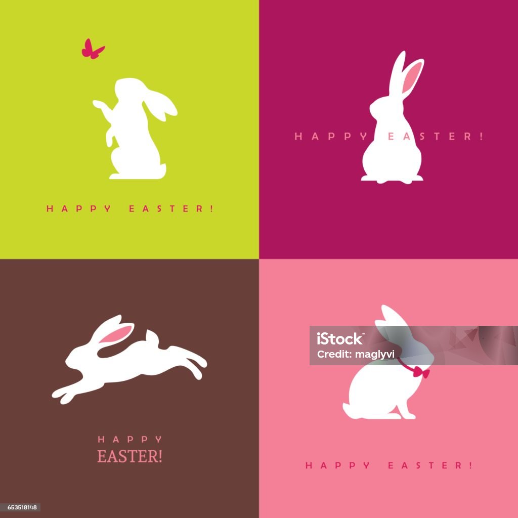 Four white bunny silhouettes Set of four white bunny silhouettes for easter greeting card, banner or poster design. Rabbit icon. Rabbit - Animal stock vector