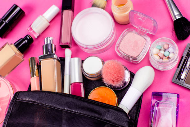 istock Set of colorful cosmetics on pink table 653520960