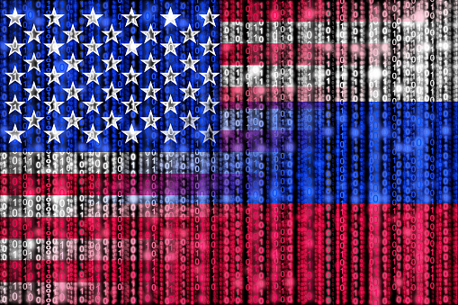 American digital flag morphing into russian binary flag