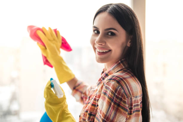 istock Beautiful woman cleaning house 653525526