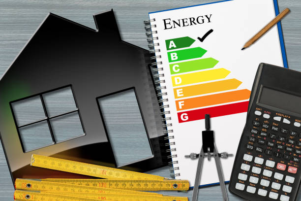 istock Energy Efficiency Rating with Calculator and House 653529256