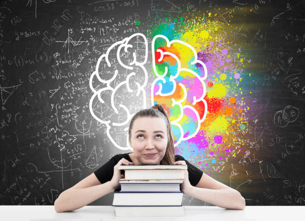 istock Woman with ponytail, books and brain sketch 653529334