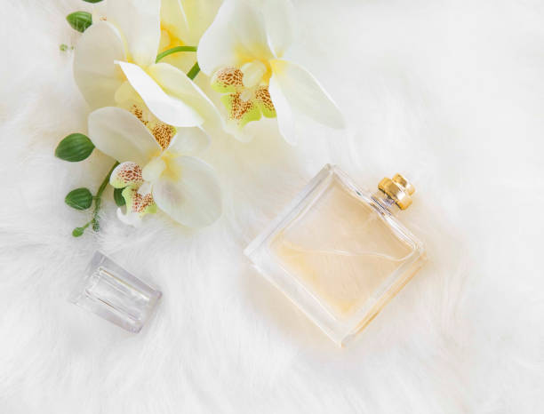 istock Floral perfume bottle with yellow orchid, overhead shot 653539070