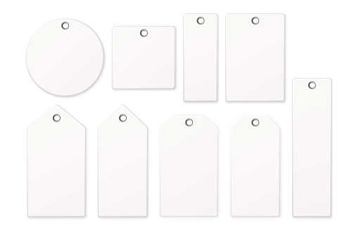 Realistic vector white blank tag icon set isolated on white background. Design template, EPS10 illustration.