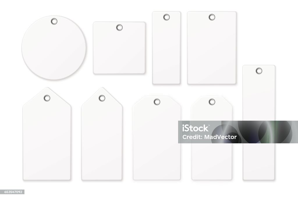 Realistic vector white blank tag icon set isolated on white background. Design template EPS10 Realistic vector white blank tag icon set isolated on white background. Design template, EPS10 illustration. Gift Tag - Note stock vector