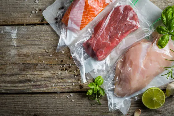 Photo of Beef, chicken and salmon in vacuum plastic bag for sous vide cooking