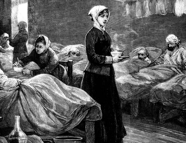 ilustraciones, imágenes clip art, dibujos animados e iconos de stock de enfermeras y pacientes en un hospital militar de finales del siglo xix - engraving women engraved image british culture