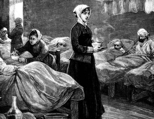pielęgniarki i pacjenci w szpitalu wojskowym z końca xix wieku - engraving women engraved image british culture stock illustrations