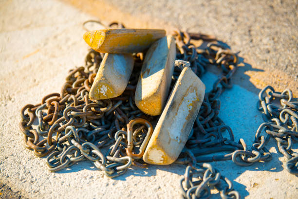 Close up aircraft chocks and chains on the landing field.