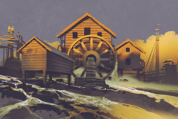 illustrations, cliparts, dessins animés et icônes de maison en bois avec une roue à eau sur la roche de la montagne - rock mill