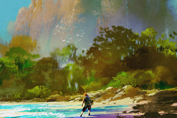 the castaway man standing on island beach the castaway man standing on island beach,illustration painting castaway stock illustrations