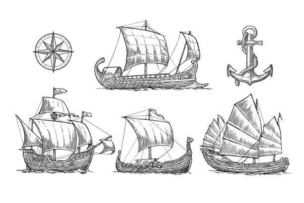 illustrazioni stock, clip art, cartoni animati e icone di tendenza di trireme, caravella, drakkar, spazzatura. imposta navi a vela che galleggiano onde del mare. - drakkar