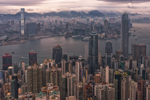 istock Misty morning view of Victoria harbor 653750614
