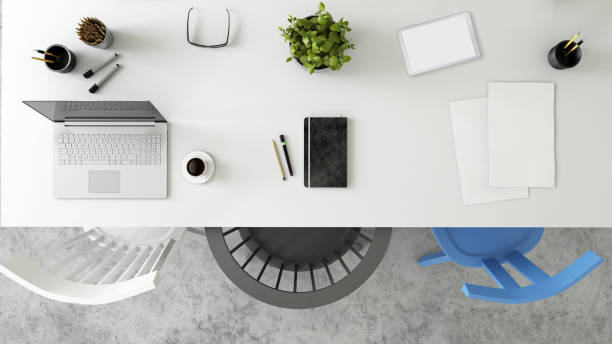 istock Office desk business group knolling 653752150
