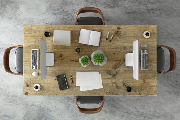 istock Office desk business group knolling 653752154