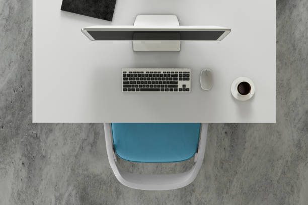 knolling scene business desk with a pc monitor and chair business office setup, template top view of a desk with a chair, pc monitor with a keyboard, mouse, and a coffee. horizontal composition. no people creative director stock pictures, royalty-free photos & images