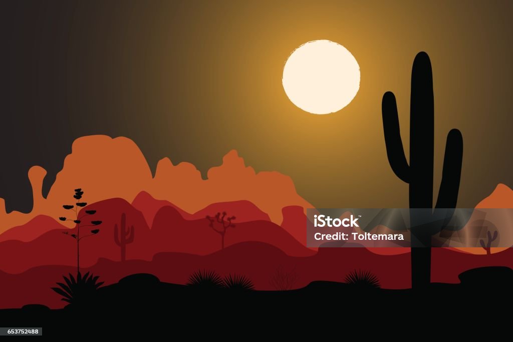 Saguaro cactus tree in night desert Saguaro cactus tree silhouette in night desert. Mountains background. Vector illustration Night stock vector