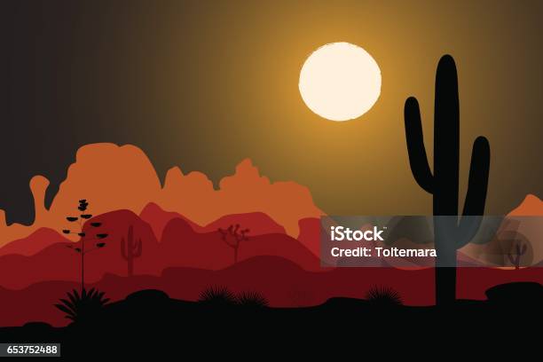 Saguaro Cactus Tree In Night Desert Stock Illustration - Download Image Now - Night, Wild West, American Culture