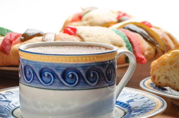 Chocolate cup with Epiphany cake, Kings cake, Rosca de reyes or Roscon de reyes