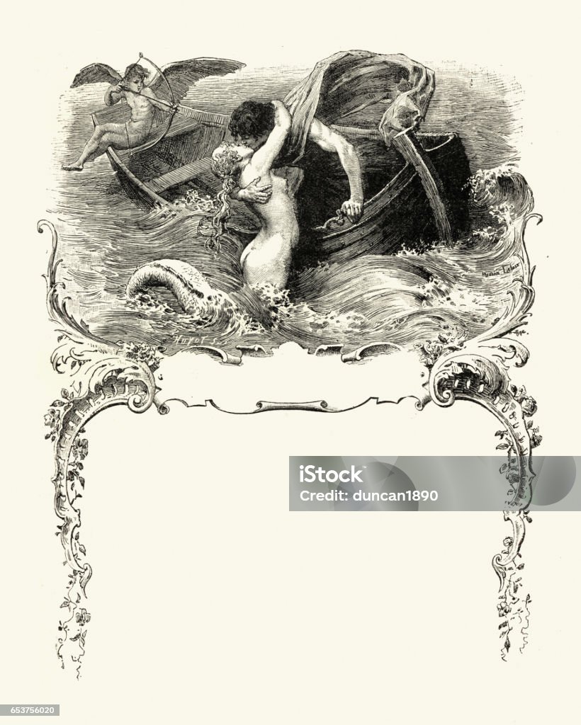 Mermaid kissing a sailor as cupid fires his arrow Vintage engraving of a Mermaid kissing a sailor as cupid fires his arrow Mermaid stock illustration