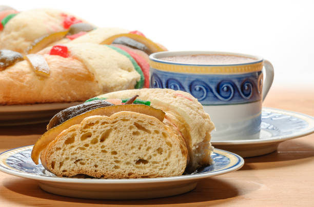 Chocolate cup with Rosca de reyes, Epiphany cake, Kings cake stock photo